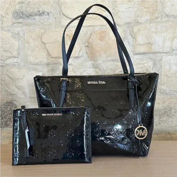 Michael Kors Ciara Large Shoulder Tote Handbag Black Metallic/wallet Option