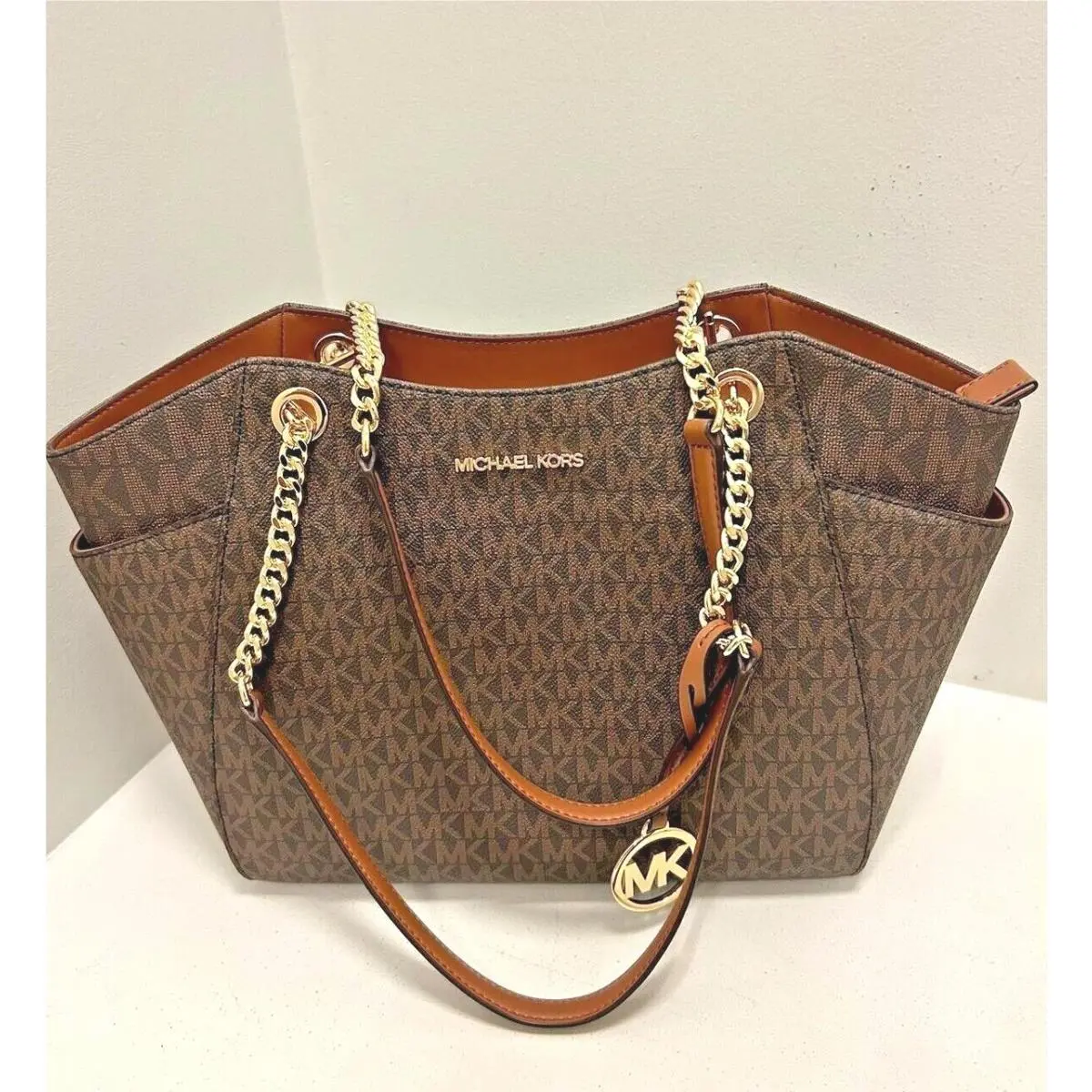 Women Lady Chain Mk Signature Logo Tote Handbag Purse Bag Shoulder BROWN by Michael Kors