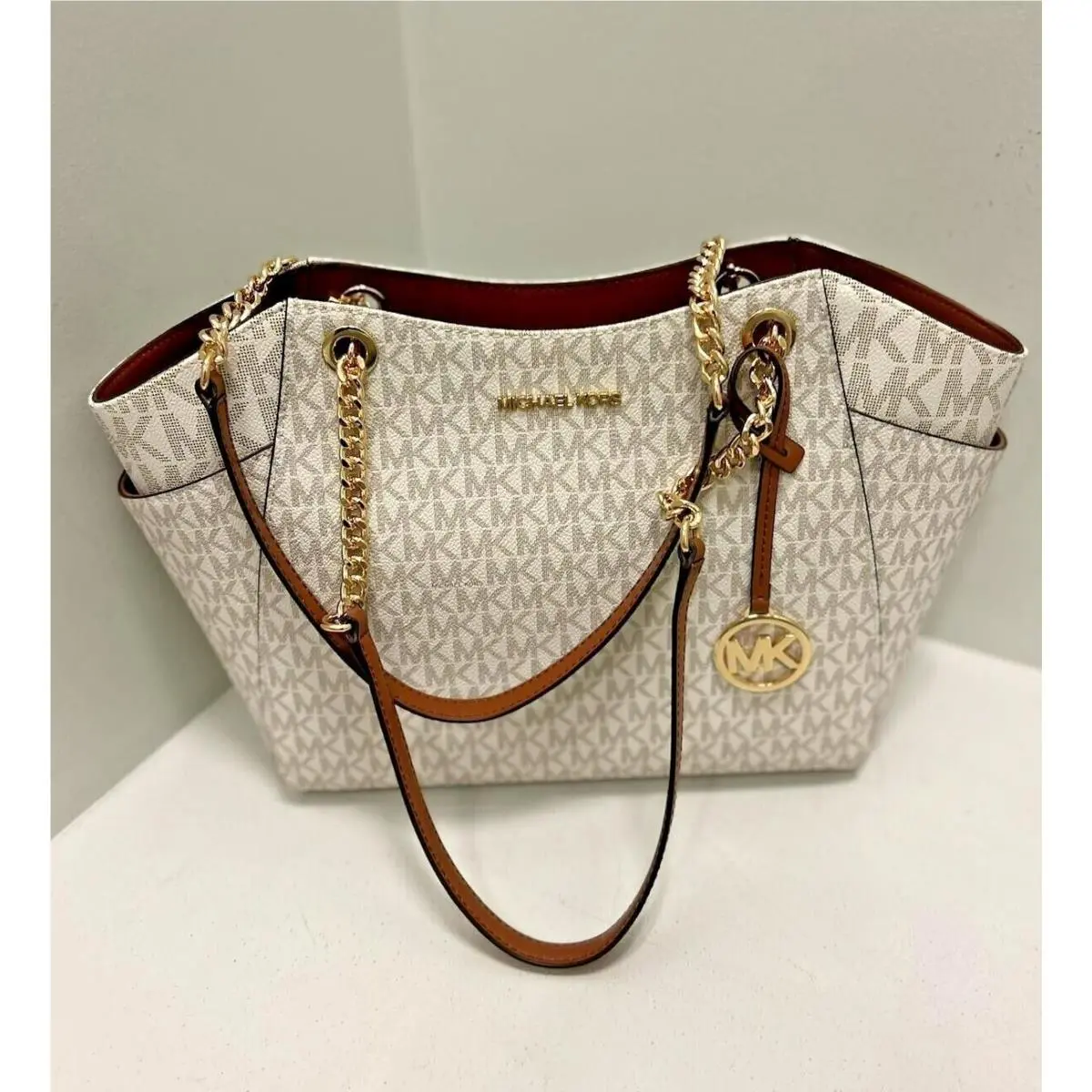 Women Lady Chain Mk Signature Logo Tote Handbag Purse Bag Shoulder VANILLA by Michael Kors