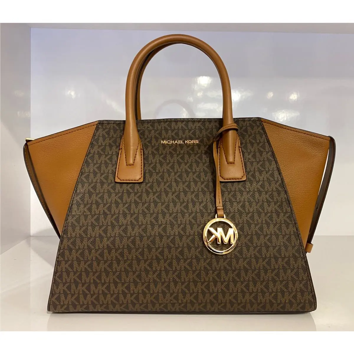 Michael Kors Avril Large Top Zip Brown MK Signature Satchel Handbag Wallet