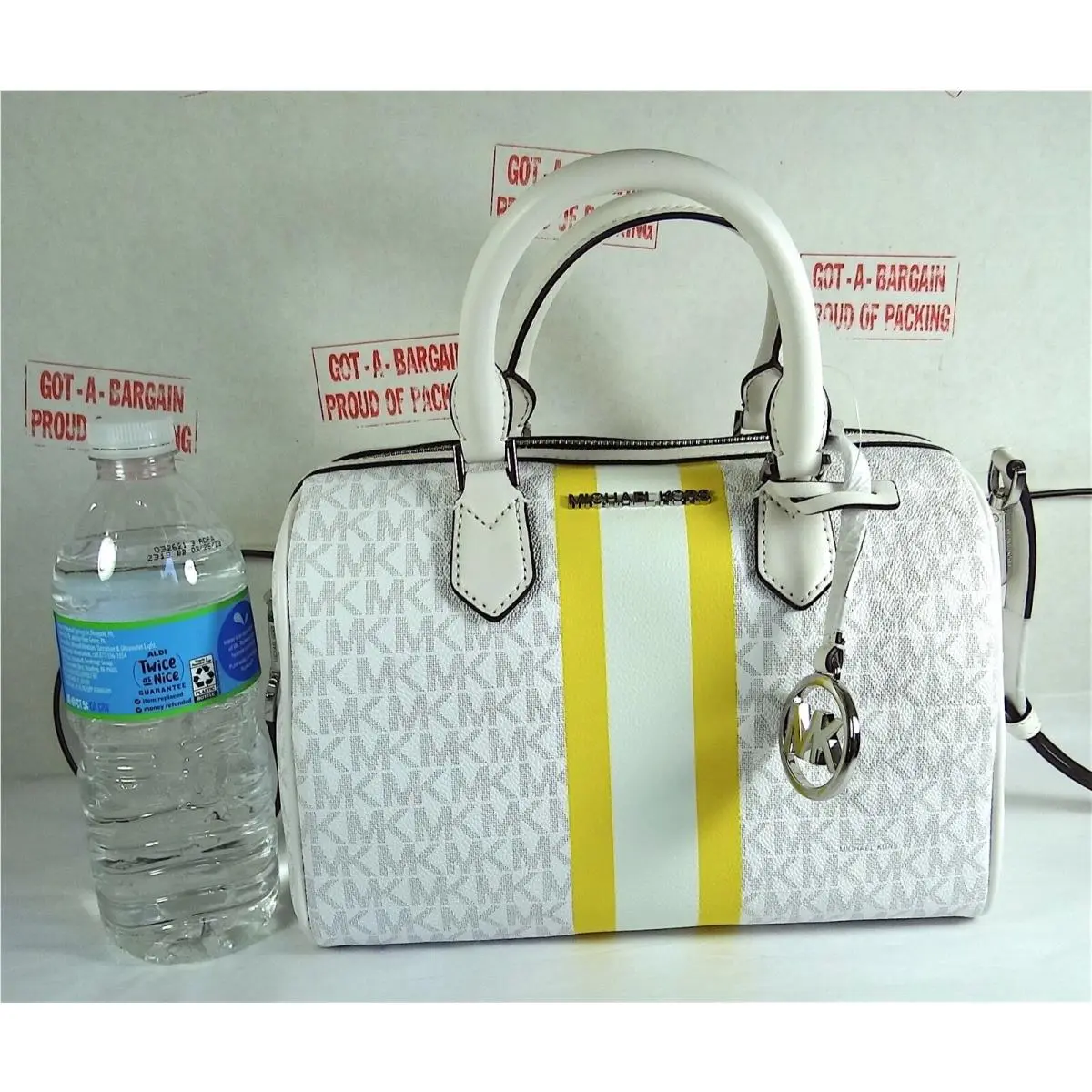 Michael Kors Bedford MK Signature White Yellow Small Satchel Crossbody Bag