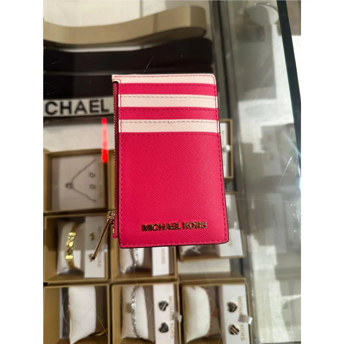 Jet Set Travel Top Zip Credit Card Case ID Holder Wallet Coin Pouch ELECTRIC PINK MULTI by Michael Kors