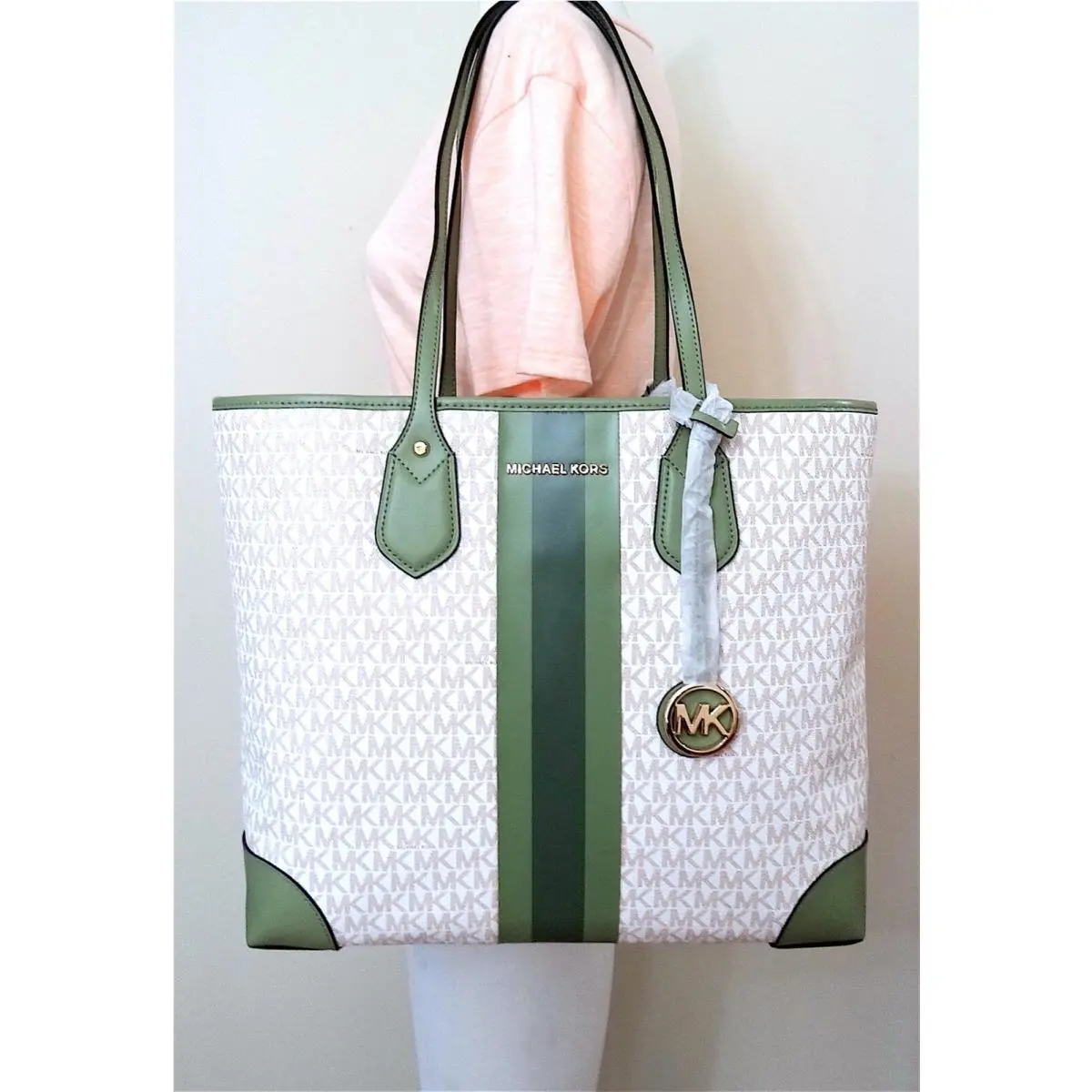 Eva MK Signature Pvc Leather Large Travel Tote with Pouch LT sage/multi/gold by Michael Kors