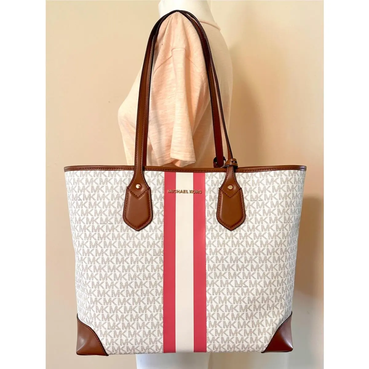 Eva MK Signature Pvc Leather Large Travel Tote with Pouch Tea Rose Multi/Gold by Michael Kors