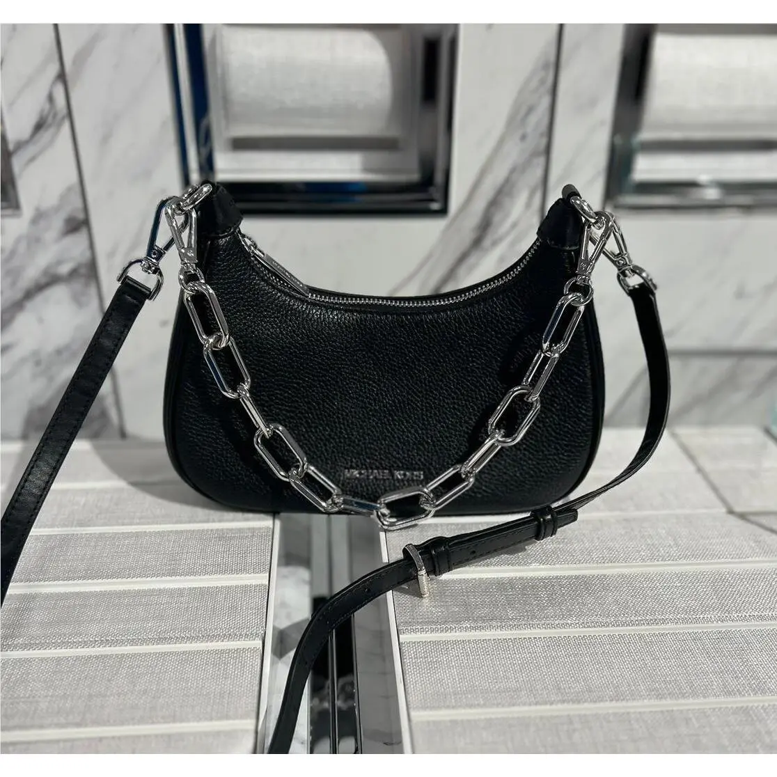 Cora Medium Zip Pouchette Chain Crossbody Shoulder Bag Variation BLACK (Silver) by Michael Kors