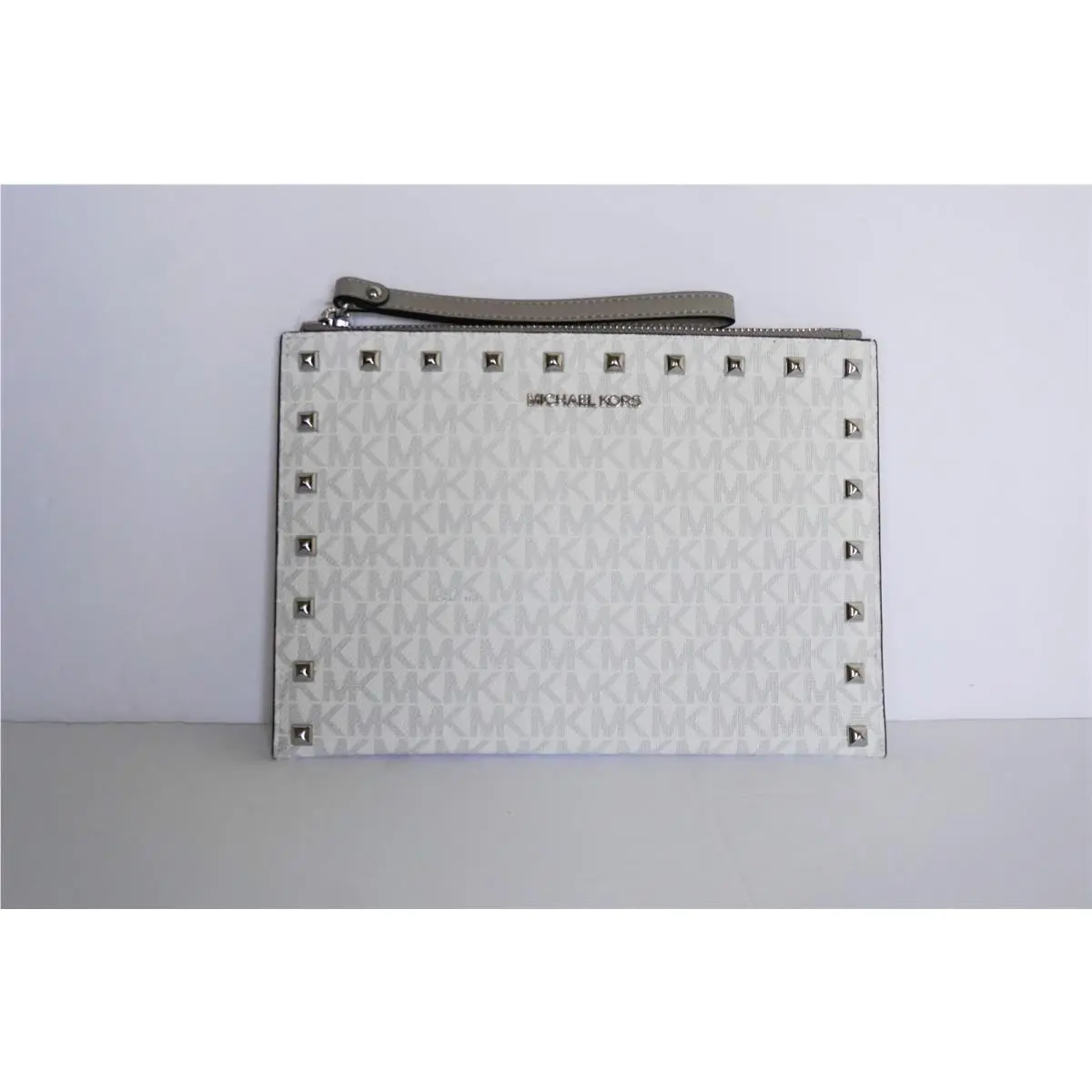Jet Set Travel XL Top Zip Clutch Wristlet MK White Grey/Silver Studded by Michael Kors