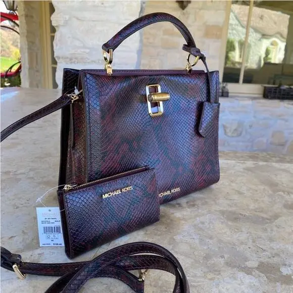 Michael Kors Snakeskin Embossed Leather Penelope MD TH Satchel Crossbody Wallet