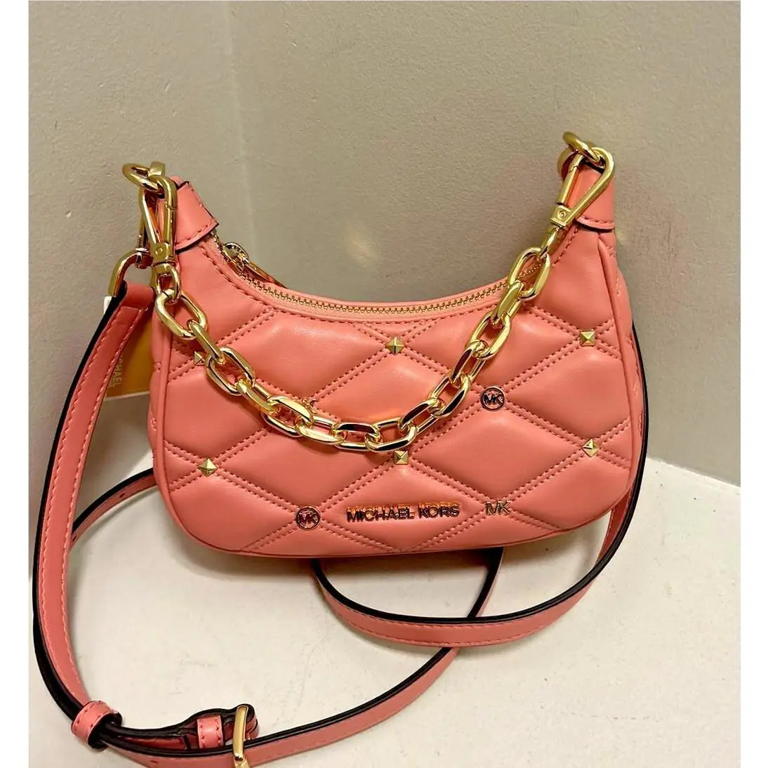 Michael Kors Ladies Cora Mini Zip Pouchette Quilted Shoulder Crossbody Bag Purse