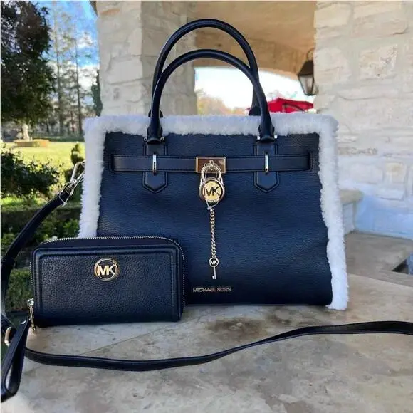 Michael Kors Hamilton Fur Lock Key Leather Medium Satchel MK Wallet Option Black
