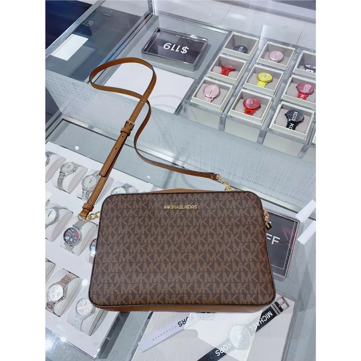MK Jet Set Large EW Saffiano Crossbody Bag Multi Colors Brown Signature by Michael Kors