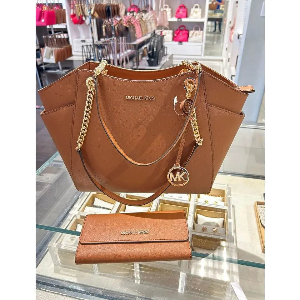 Michael Kors Womens Large Chain Shoulder Tote Bag Purse Handbag +trifold Wallet