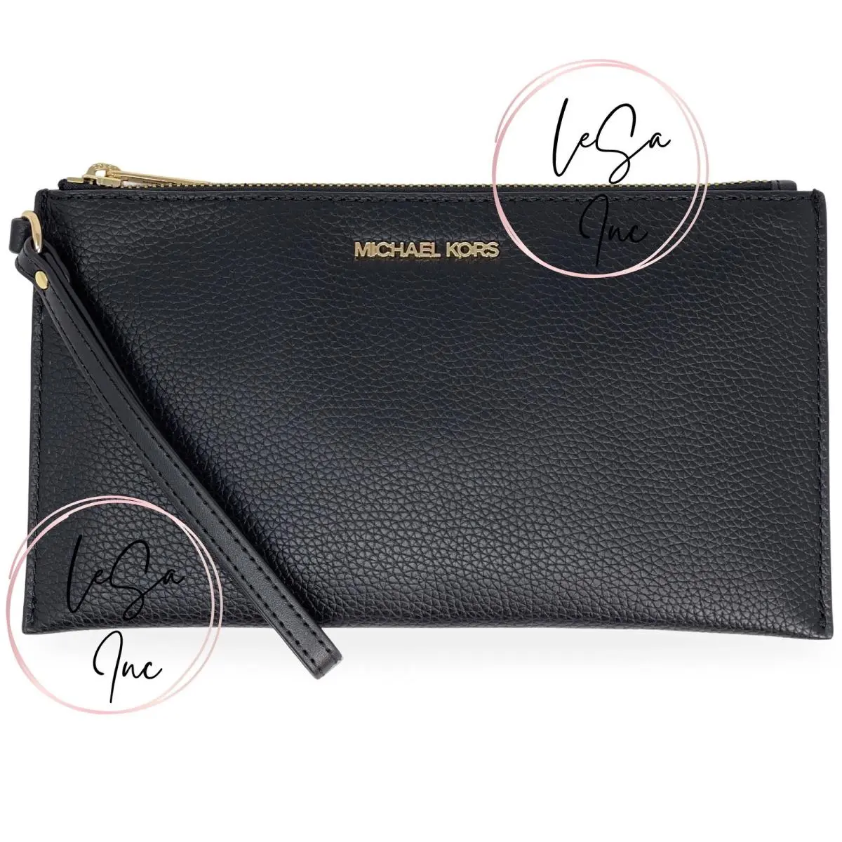 Women`s Large Leather Slim Wristlet Pouch Clutch Black by Michael Kors