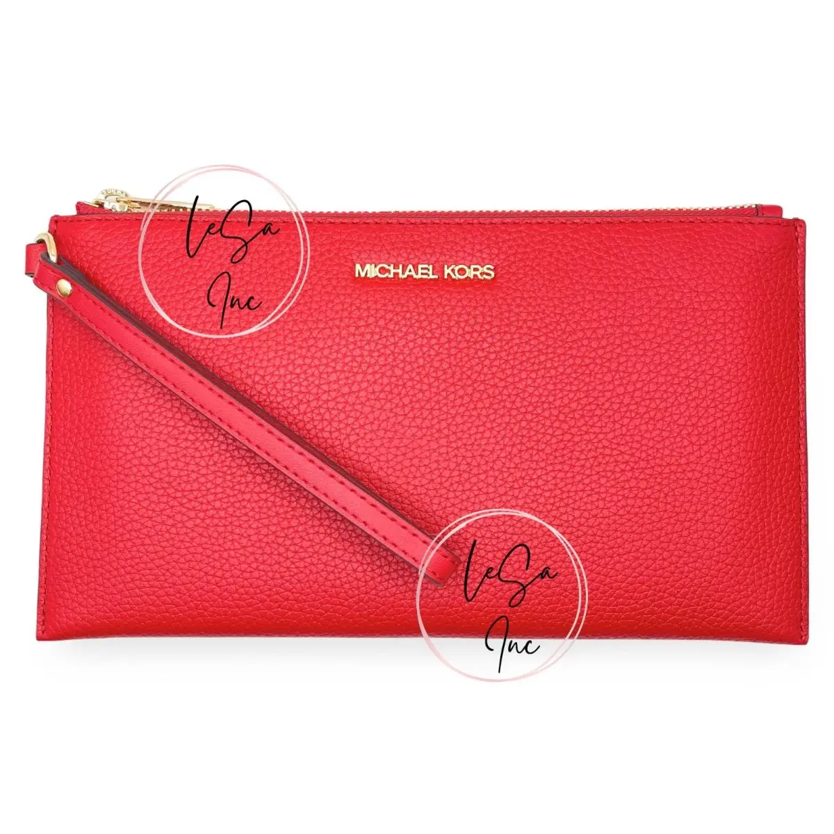Women`s Large Leather Slim Wristlet Pouch Clutch Bright Red by Michael Kors