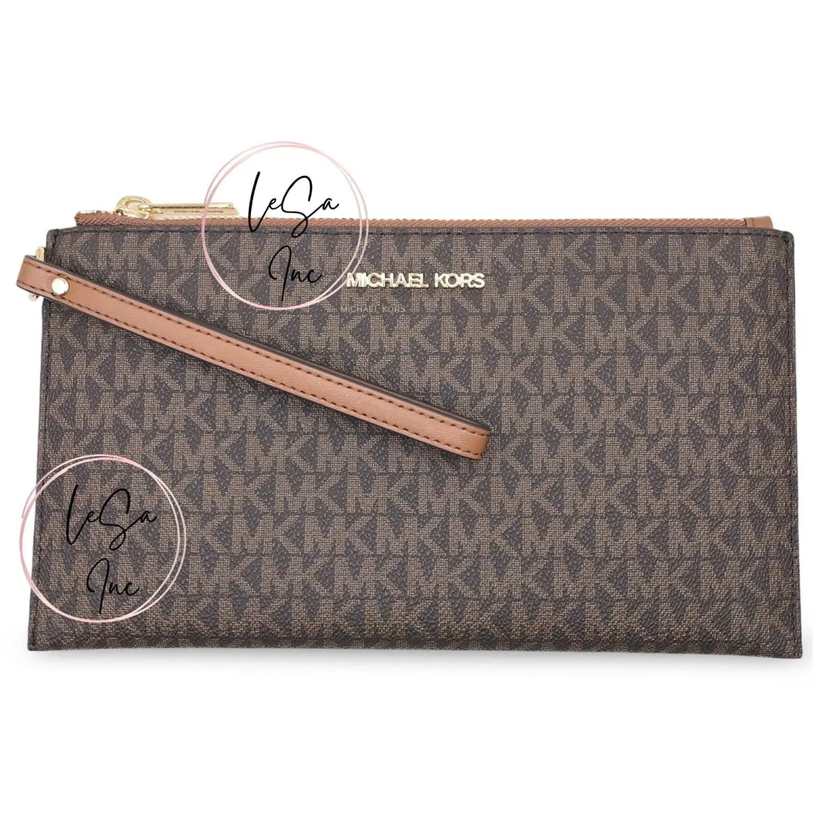 Women`s Large Leather Slim Wristlet Pouch Clutch Brown by Michael Kors