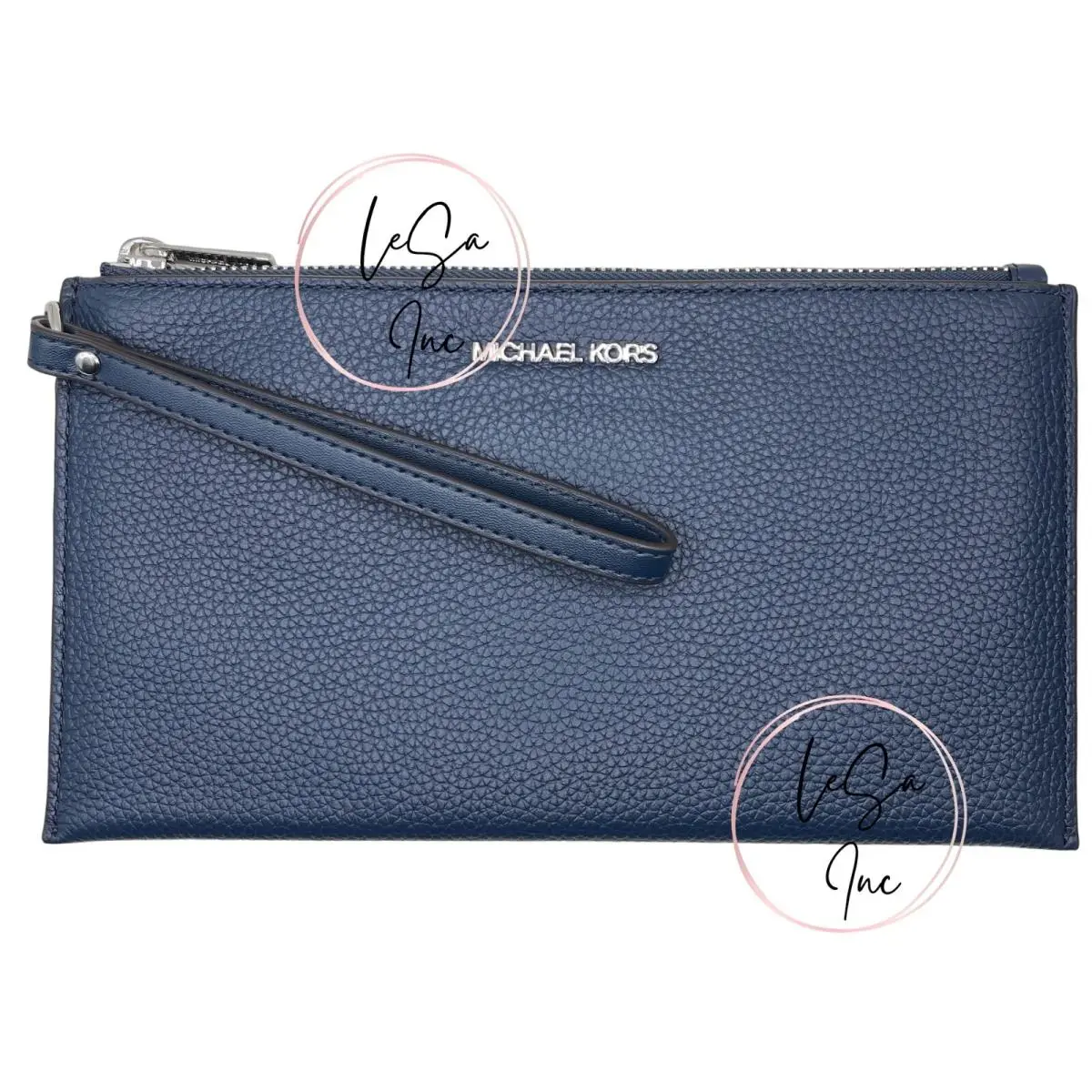 Women`s Large Leather Slim Wristlet Pouch Clutch Navy by Michael Kors