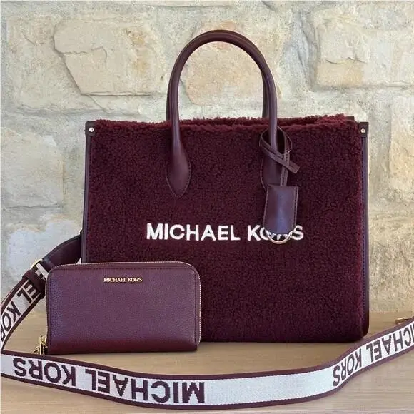 Michael Kors Mirella Shearling Medium East West Tote Handbag/wallet Oxblood