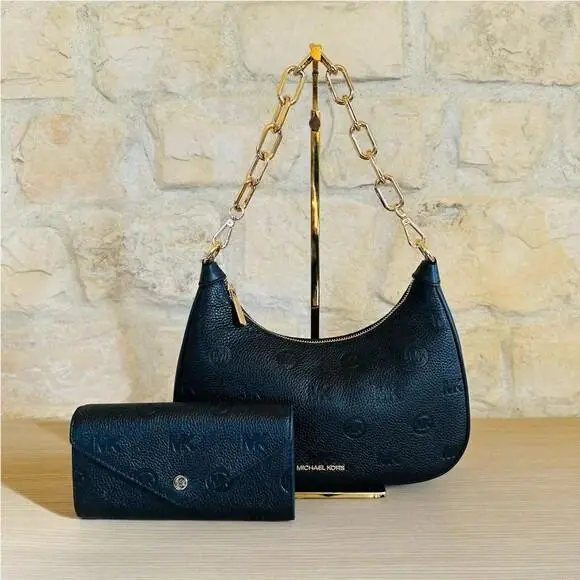 Cora Black Large Zip Pouchette Leather Shoulder Bag/wallet Option Handbag+Wallet by Michael Kors
