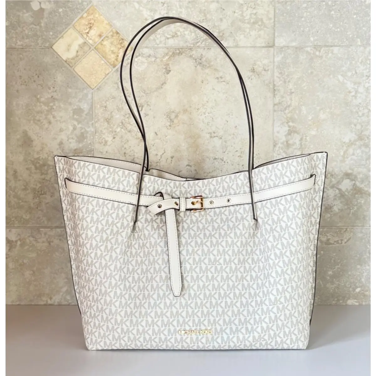 Emilia Large East West Shoulder Tote Bag MK Light Cream Multi by Michael Kors
