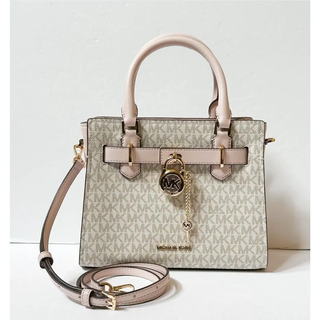 Hamilton Small Top Zip Satchel Shoulder Crossbody Bag MK VANILLA/PINK by Michael Kors
