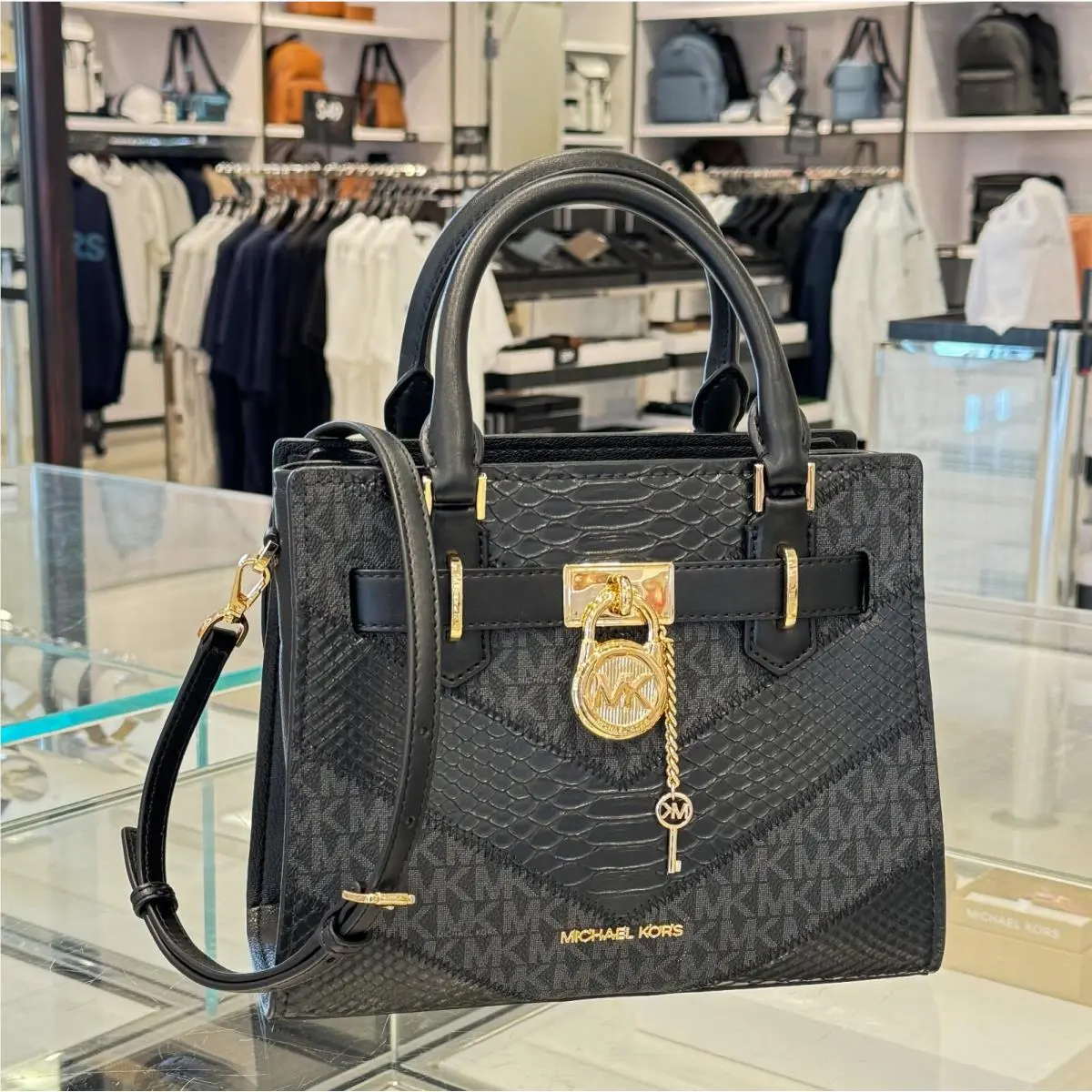 Hamilton Small Top Zip Satchel Shoulder Crossbody Bag BLACK MK EXOTIC PRINT by Michael Kors