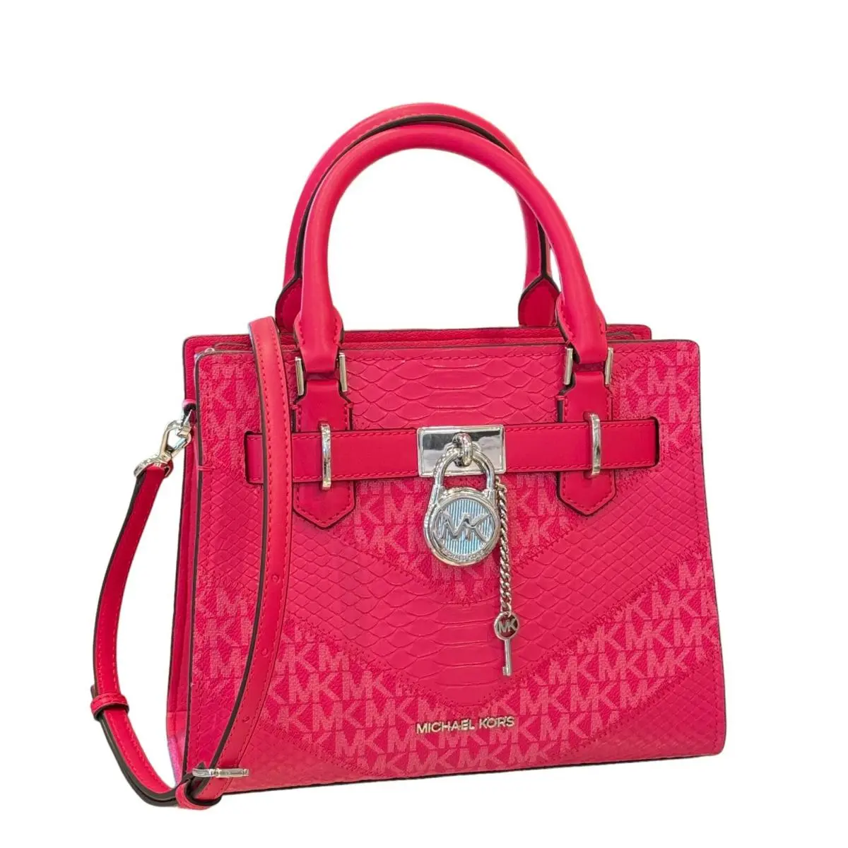 Hamilton Small Top Zip Satchel Shoulder Crossbody Bag ELECTRIC PINK MK EXOTIC PRINT by Michael Kors