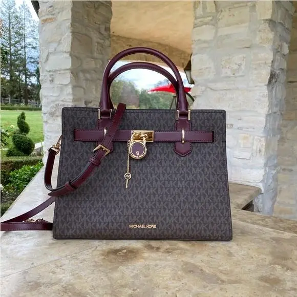 Michael Kors Signature Hamilton Lock Key Medium Satchel MK Wallet Option Merlot