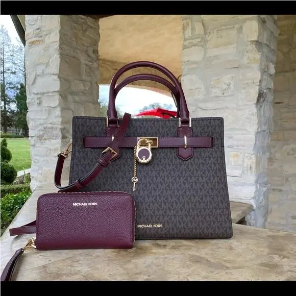 Signature Hamilton Lock Key Medium Satchel MK Wallet Option Merlot Hamilton Satchel+Wallet by Michael Kors