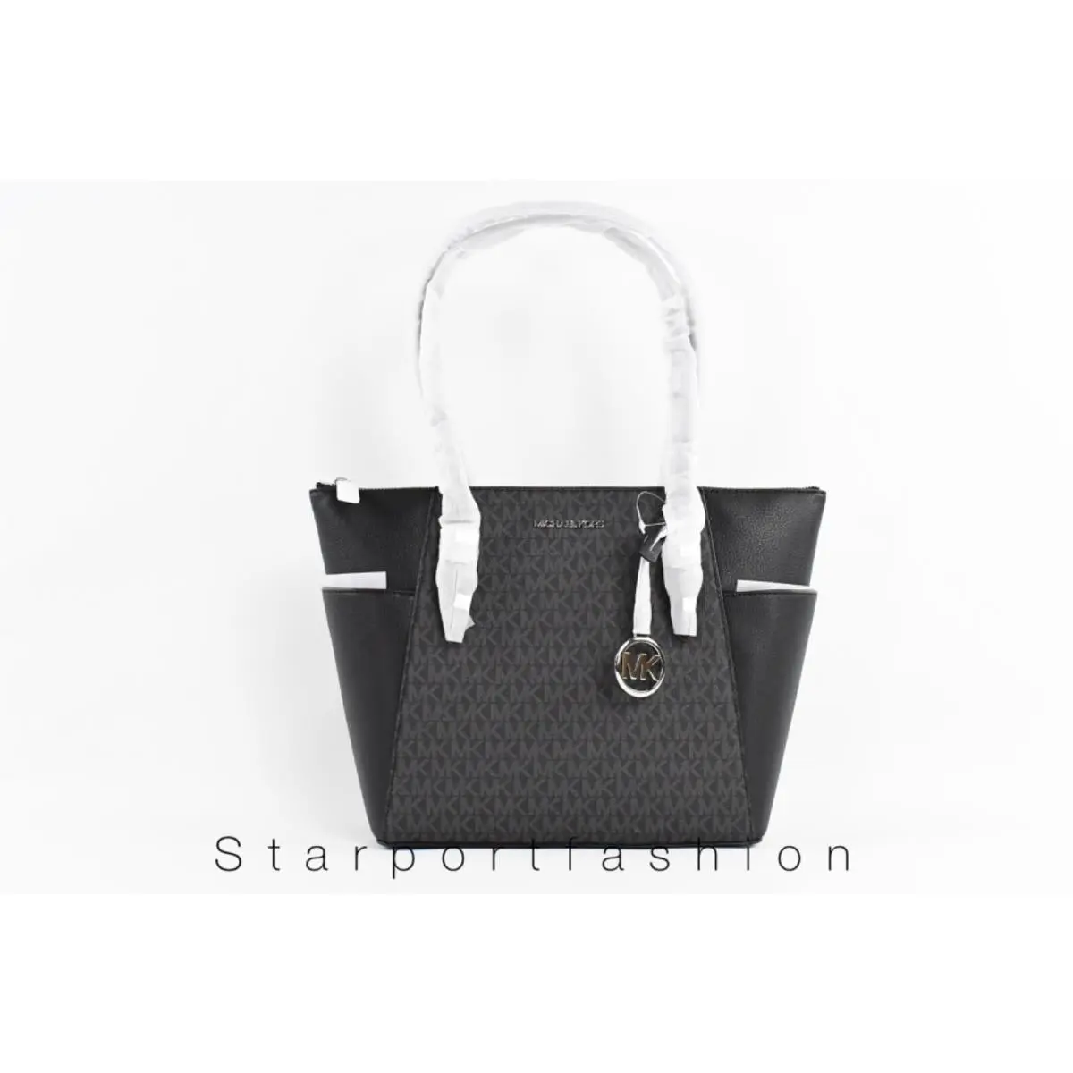 Charlotte Signature Leather Top Zip Tote Handbag Shoulder Bag Black Signature by Michael Kors