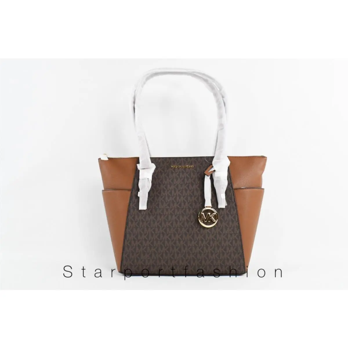 Charlotte Signature Leather Top Zip Tote Handbag Shoulder Bag Brown Signature by Michael Kors