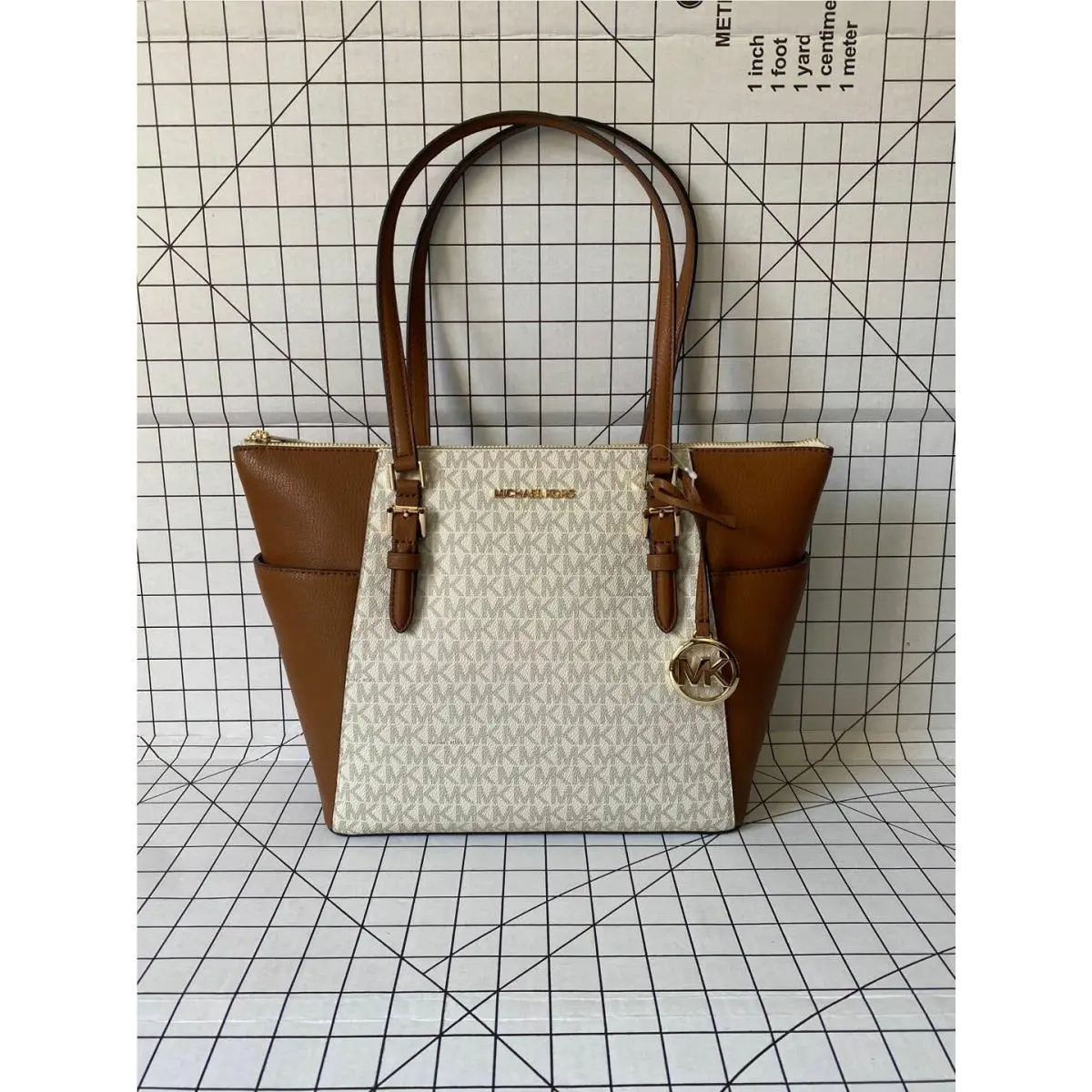 Charlotte Signature Leather Top Zip Tote Handbag Shoulder Bag Vanilla Signature by Michael Kors