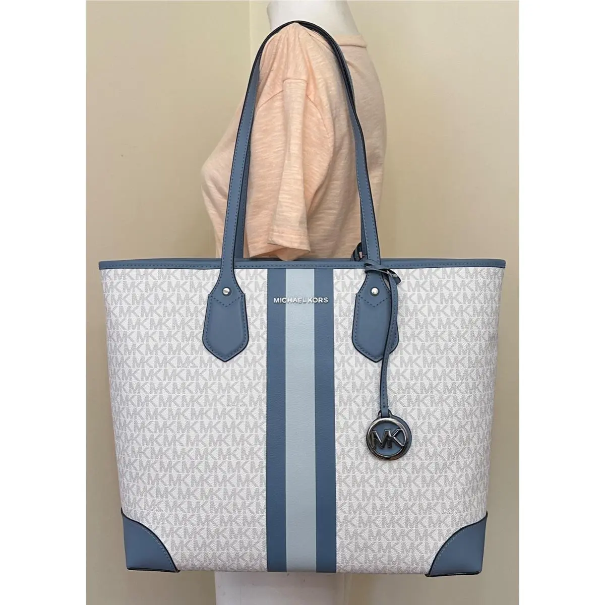 Eva MK Signature Pvc Chambray Blue Multi Large Tote with Pouch by Michael Kors