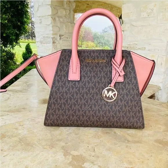 Avril Small Top Zip Satchel Brown /sunset Rose Pink Wallet Options handbag by Michael Kors