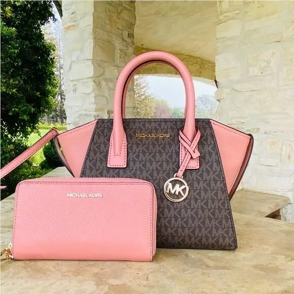 Avril Small Top Zip Satchel Brown /sunset Rose Pink Wallet Options handbag+Wallet by Michael Kors