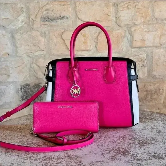 Michael Kors Mercer Medium Zip Belted Satchel Bag MK Pink Leather/wallet Option