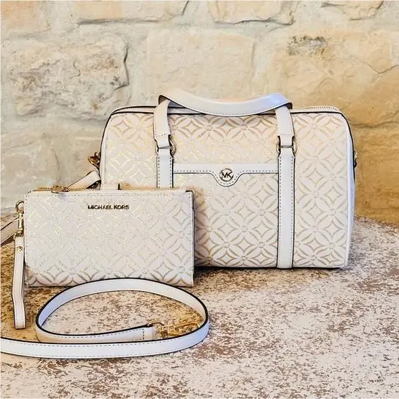 Travel Medium Duffle Satchel Shoulder Bag MK Pale Gold Multi Handbag+wallet by Michael Kors