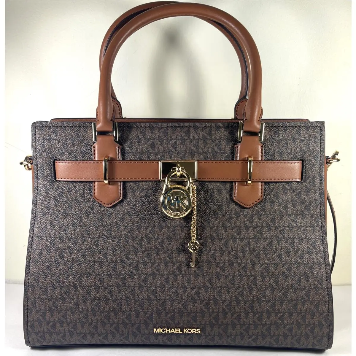 Hamilton Mk Signature Pebbled Leather Medium Satchel Shoulder Bag MK BROWN SIGNATURE by Michael Kors