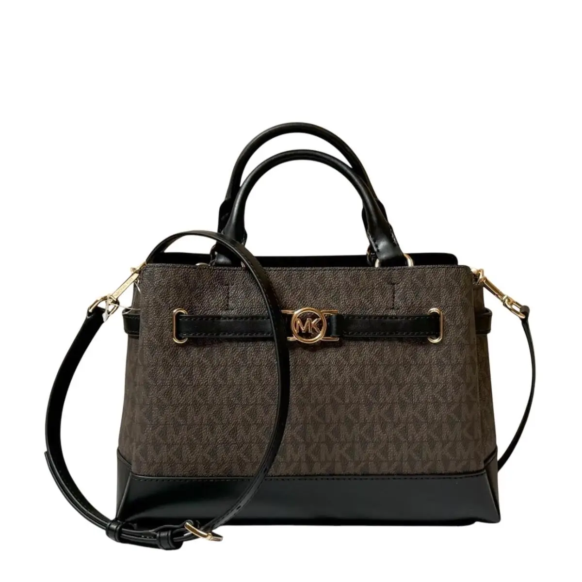 Reed Small Belted Satchel Shoulder Crossbody Bag MK BROWN/BLACK by Michael Kors