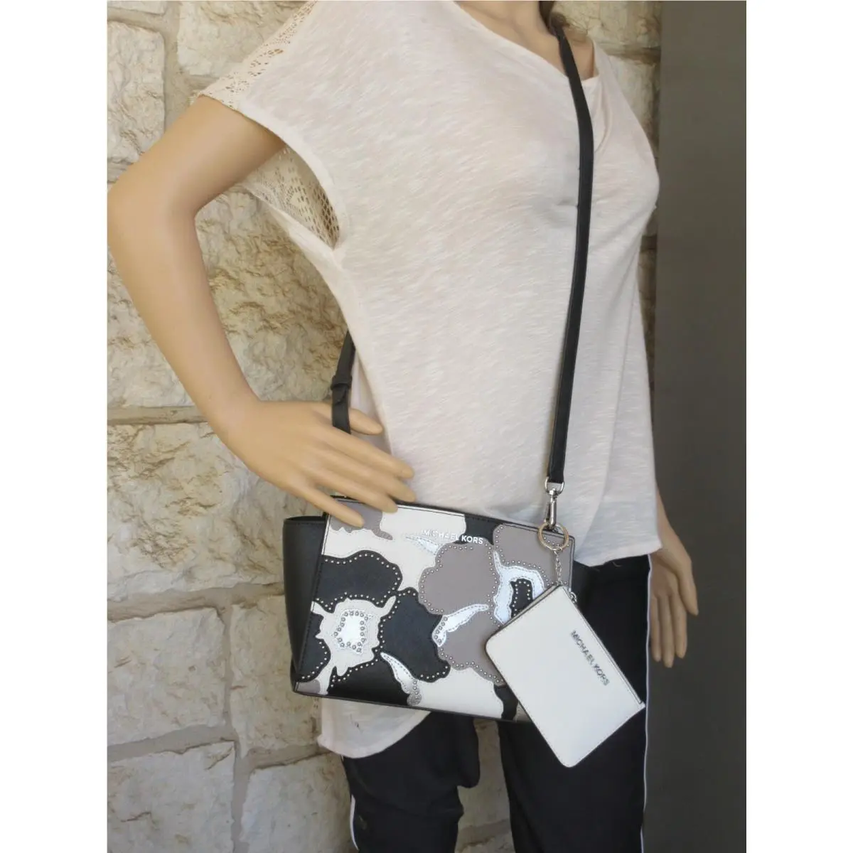 Michael Kors  bag  - Michael Kors Selma Messenger SM/MD CROSSBODY Zip - Handle/Strap: black white grapfruit purple multi blue pink silver, Hardware: Silver or Gold (depending on purse or purse set), Exterior: White/black/lilac/blue/pink/Grapefruit