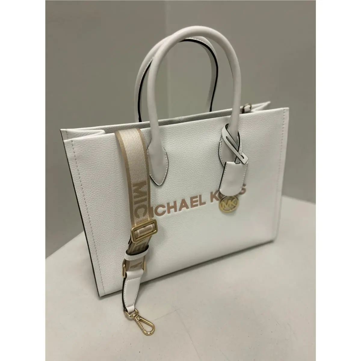 Mirella Medium East West Crossbody Tote Leather Bag Handbag Purse Optic white by Michael Kors