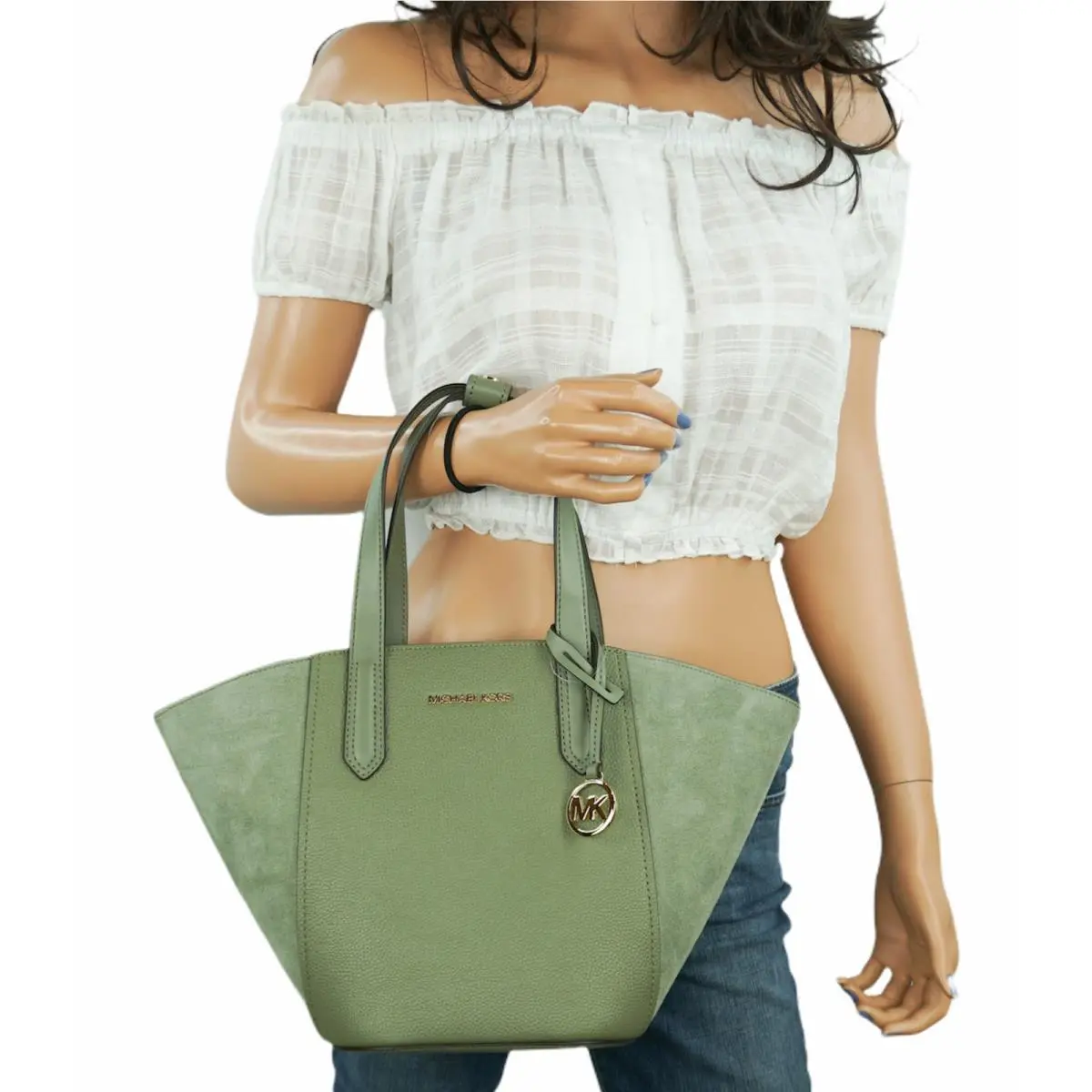 Portia Small Bucket Tote Leather Bag Green by Michael Kors