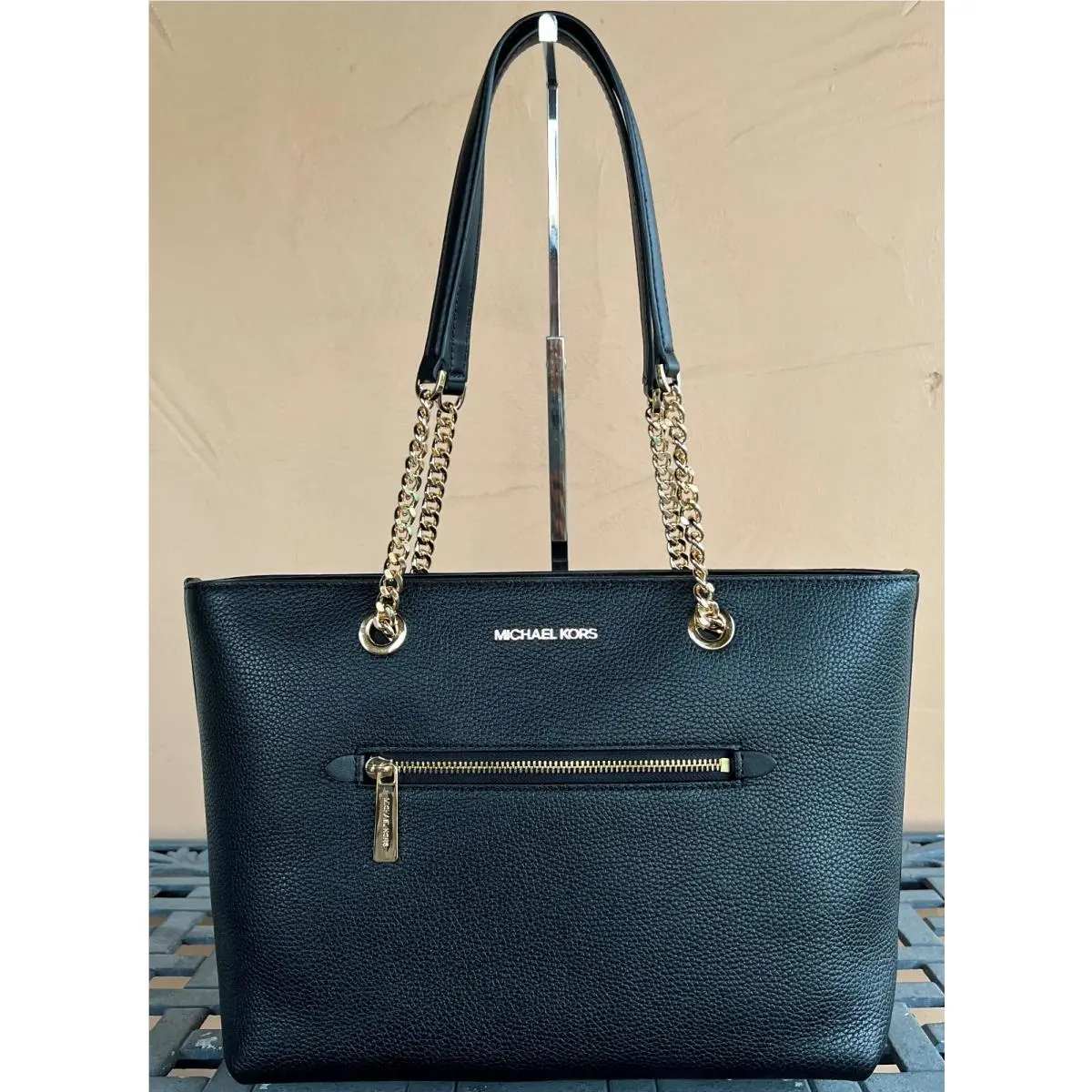 Jet Set Item Medium Front Zip Pocket Chain Tote Shoulder Bag Black by Michael Kors