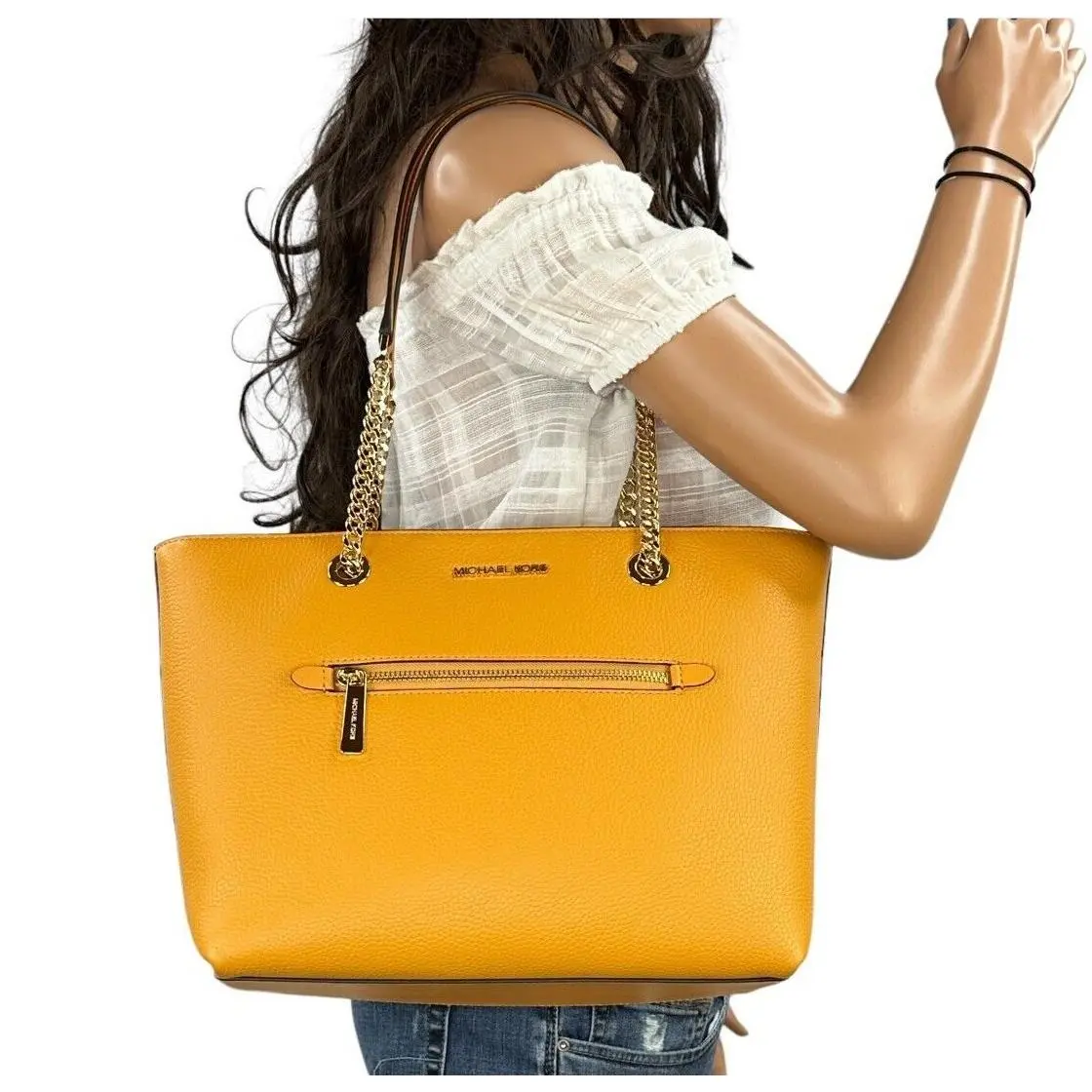 Jet Set Item Medium Front Zip Pocket Chain Tote Shoulder Bag HONEYCOMB YELLOW by Michael Kors