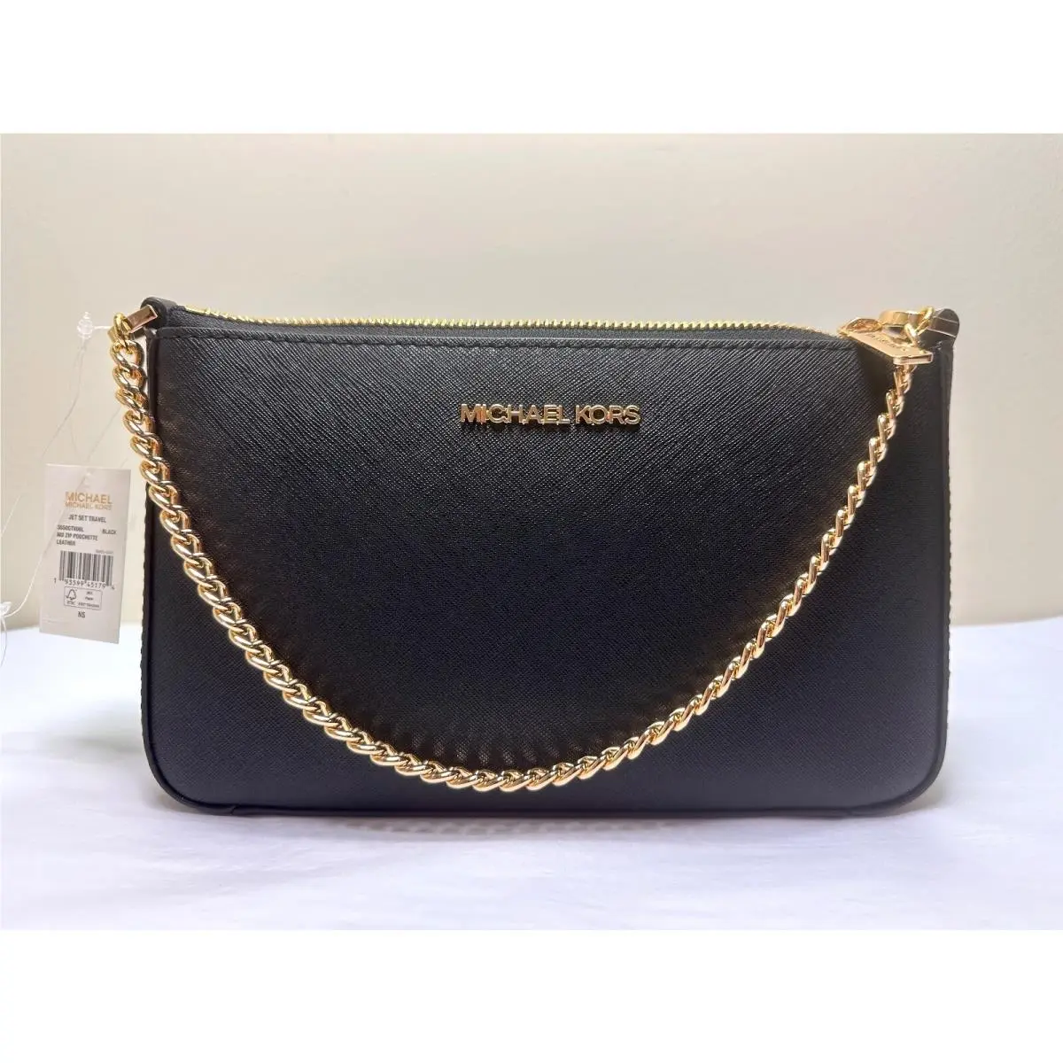 Michael Kors Jet Set Chain MD Zip Black Saffiano Leather Pouchette Crossbody Bag