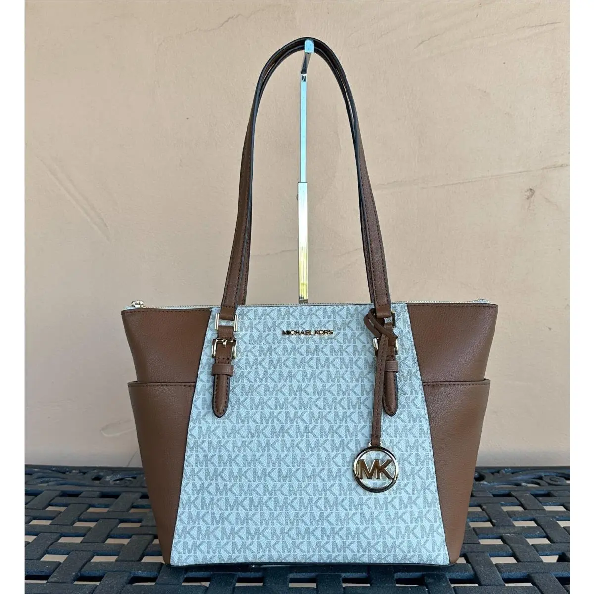 Charlotte Large Top Zip Shoulder Tote Bag Purse MK VANILLA BROWN by Michael Kors