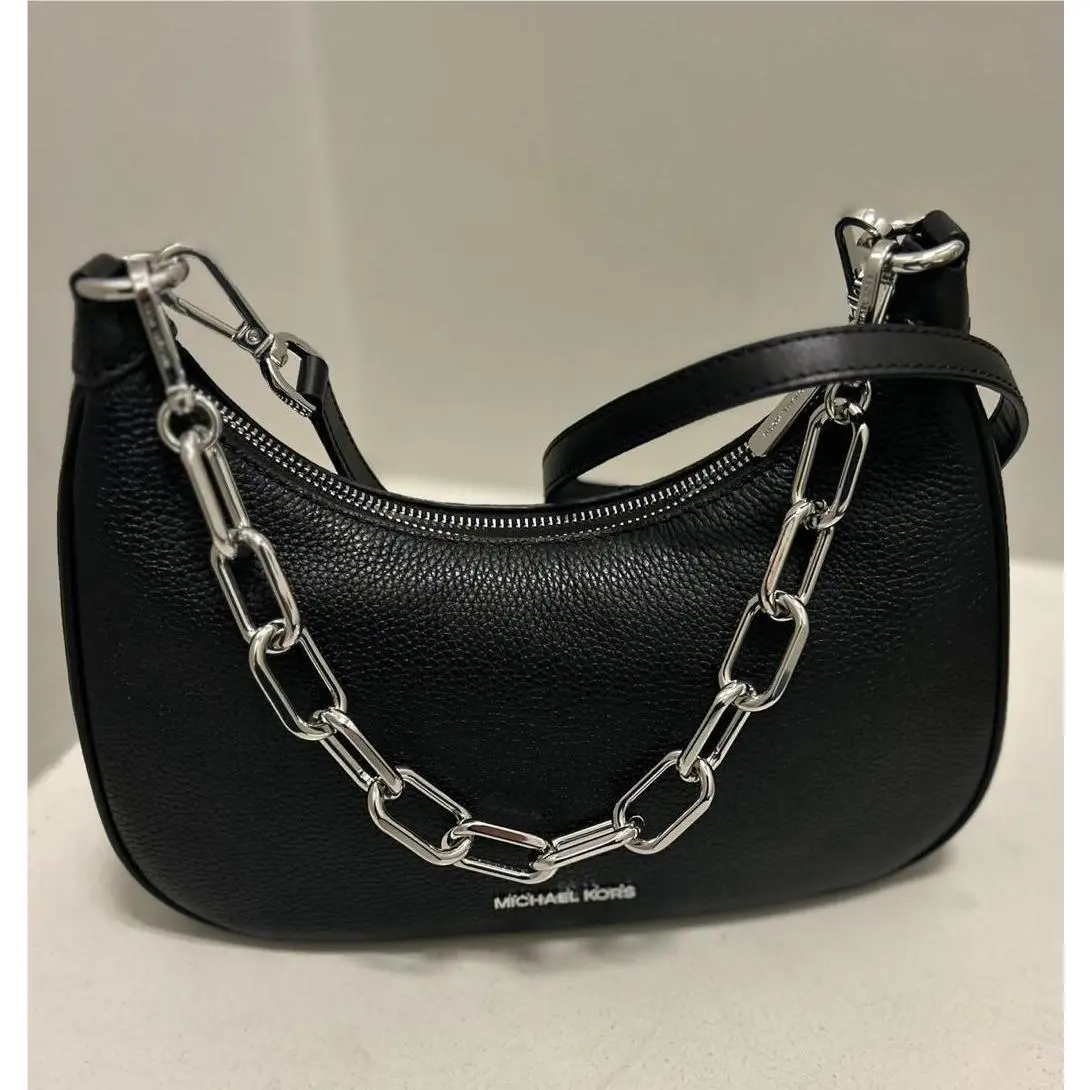 Cora Large Zip Pouchette Chain Shoulder Crossbody Bag Handbag Purse BLACK SILVER TONE by Michael Kors