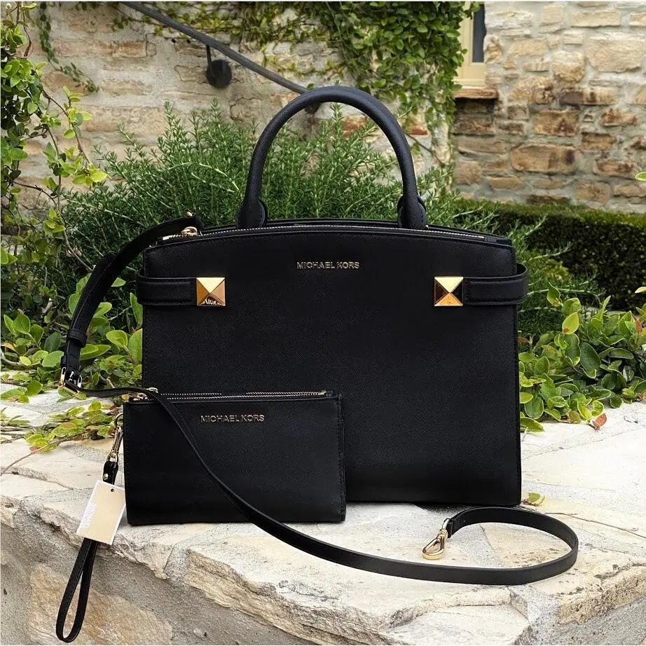 Karla Leather MD East West Satchel Black/wallet Options Handbag+Double Zip wallet by Michael Kors