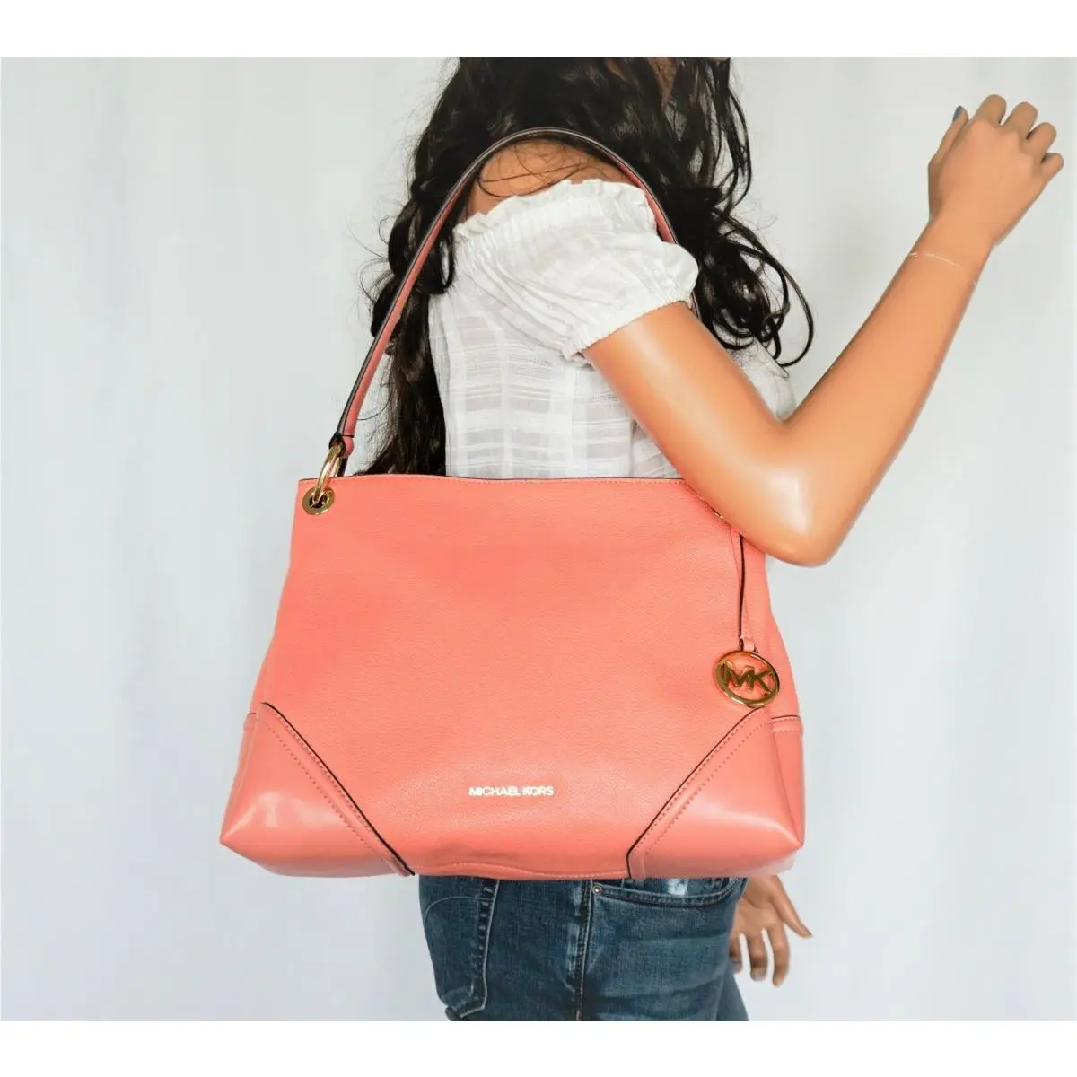 Nicole Medium Leather Shoulder Tote Bag PEACH by Michael Kors