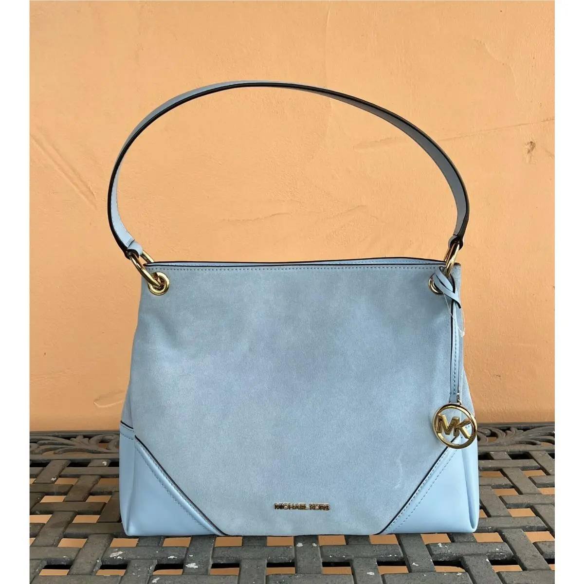 Nicole Medium Leather Shoulder Tote Bag Blue by Michael Kors