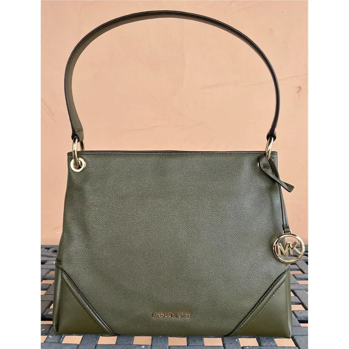 Nicole Medium Leather Shoulder Tote Bag Green by Michael Kors