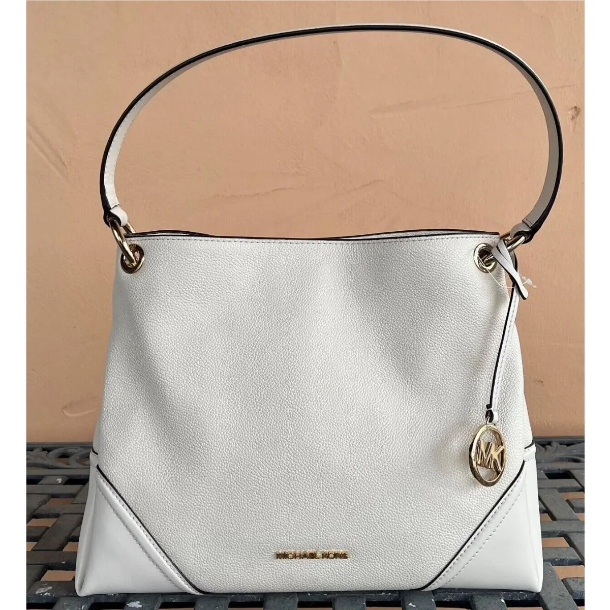 Nicole Medium Leather Shoulder Tote Bag Light Cream by Michael Kors